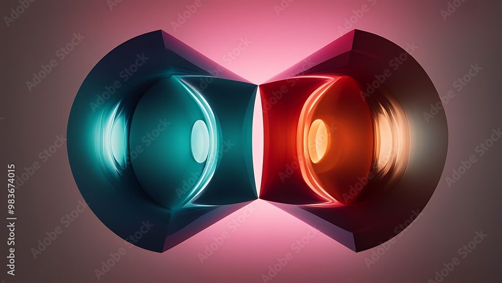 Poster distorted symmetrical objects with realistic lighting, creating an illusion of motion, and featuring
