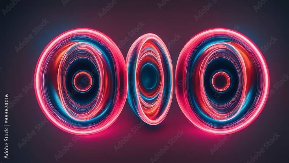 Poster distorted symmetrical objects with realistic lighting, creating an illusion of motion, and featuring