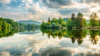Obraz premium A serene lake reflecting trees and clouds, creating a tranquil natural scene.