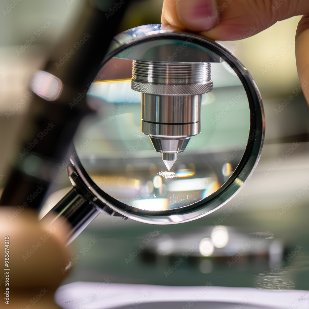 Poster a close up view of precision instrument being examined through magnifying glass, showcasing intricat