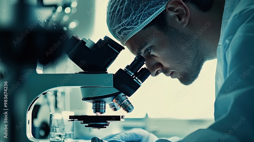 Poster a scientist using a microscope for research