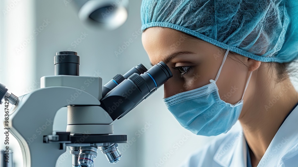 Aufkleber female scientist concentrating on examining slides through a microscope