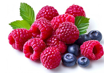 a white background of berries, raspberries and blueberries