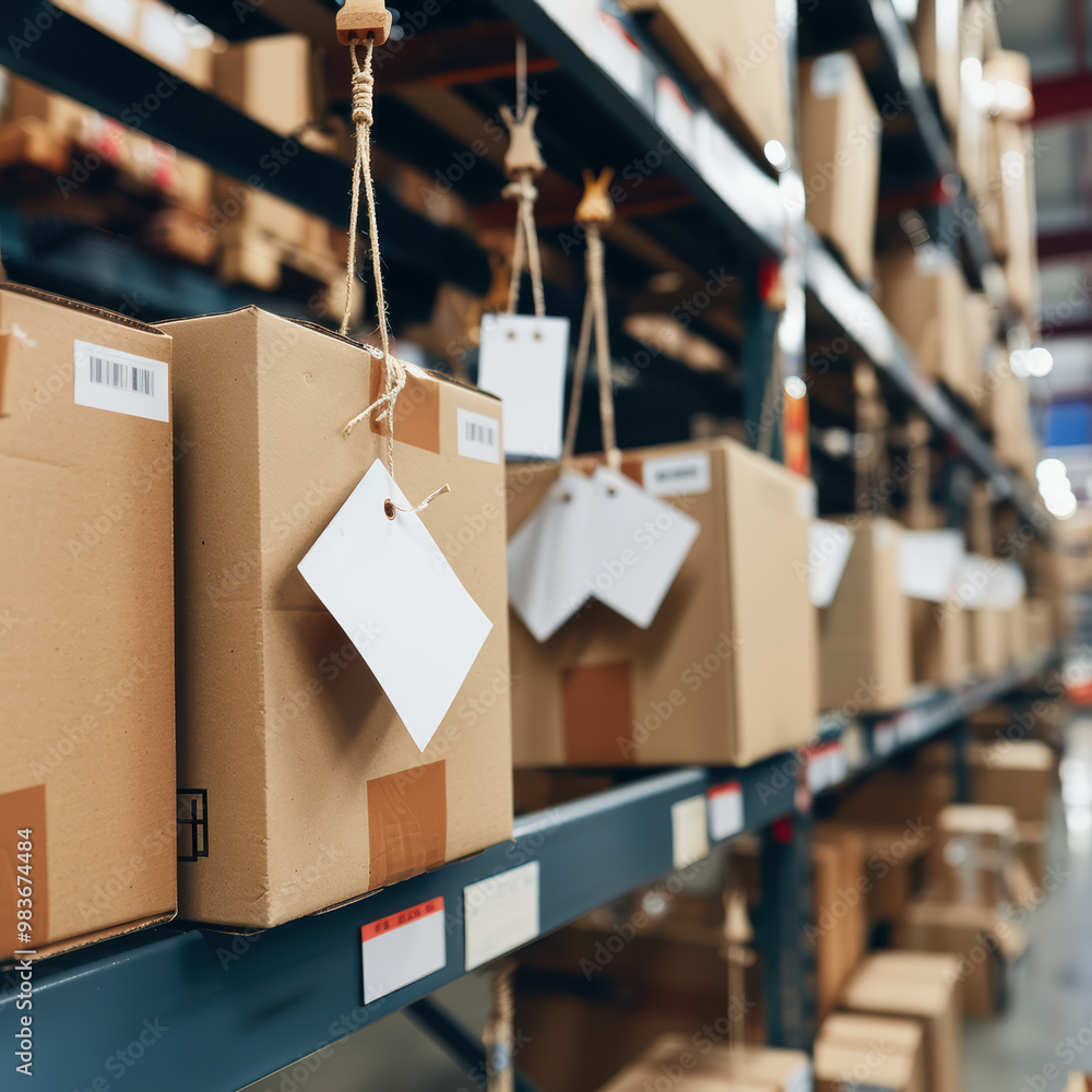 Poster efficiently organized cardboard boxes are neatly arranged on shelves in warehouse, showcasing well s