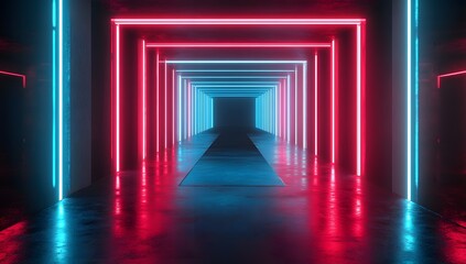 Fototapeta premium 3D render, an abstract futuristic background with neon blue and red lights in a dark room.