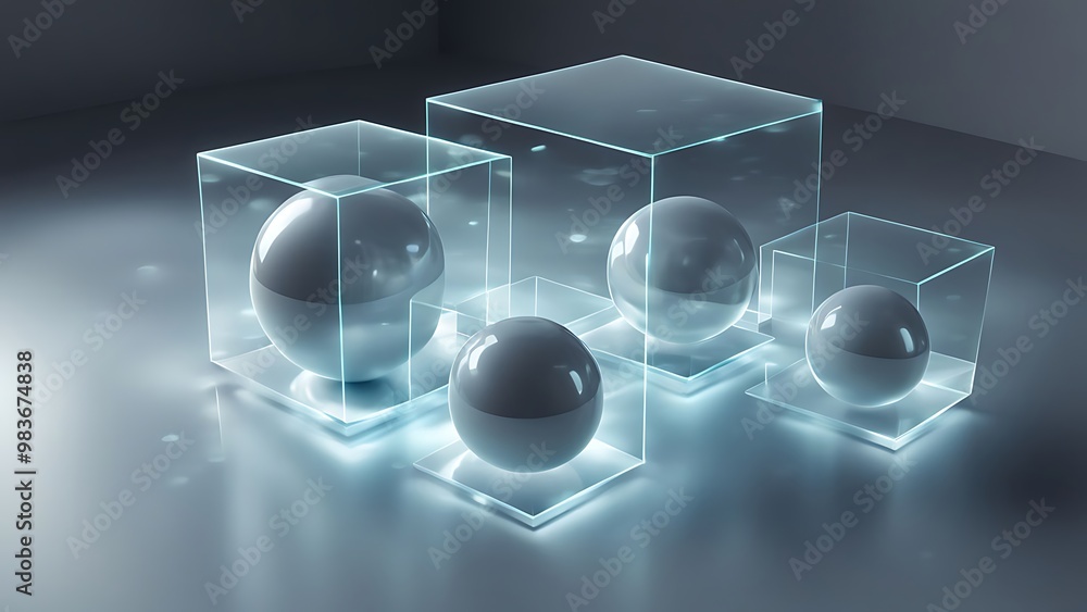 Aufkleber floating cubes and spheres arranged in layers, with transparent surfaces and glowing edges, rendered