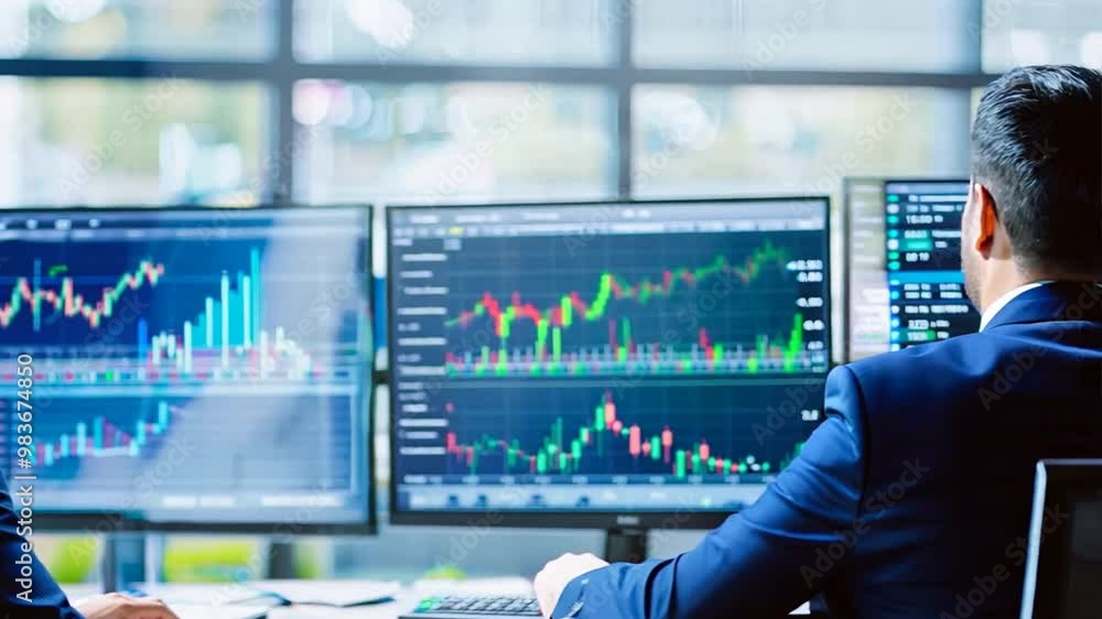 Poster businessman analytics stock market on display computer on table,shot from behind over shoulder,gener