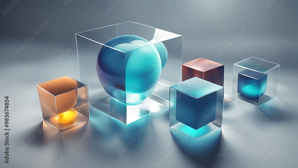 Aufkleber floating cubes and spheres arranged in layers, with transparent surfaces and glowing edges, rendered
