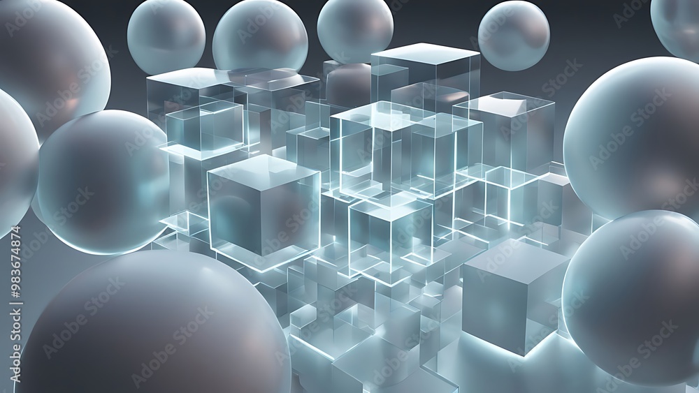 Poster floating cubes and spheres arranged in layers, with transparent surfaces and glowing edges, rendered