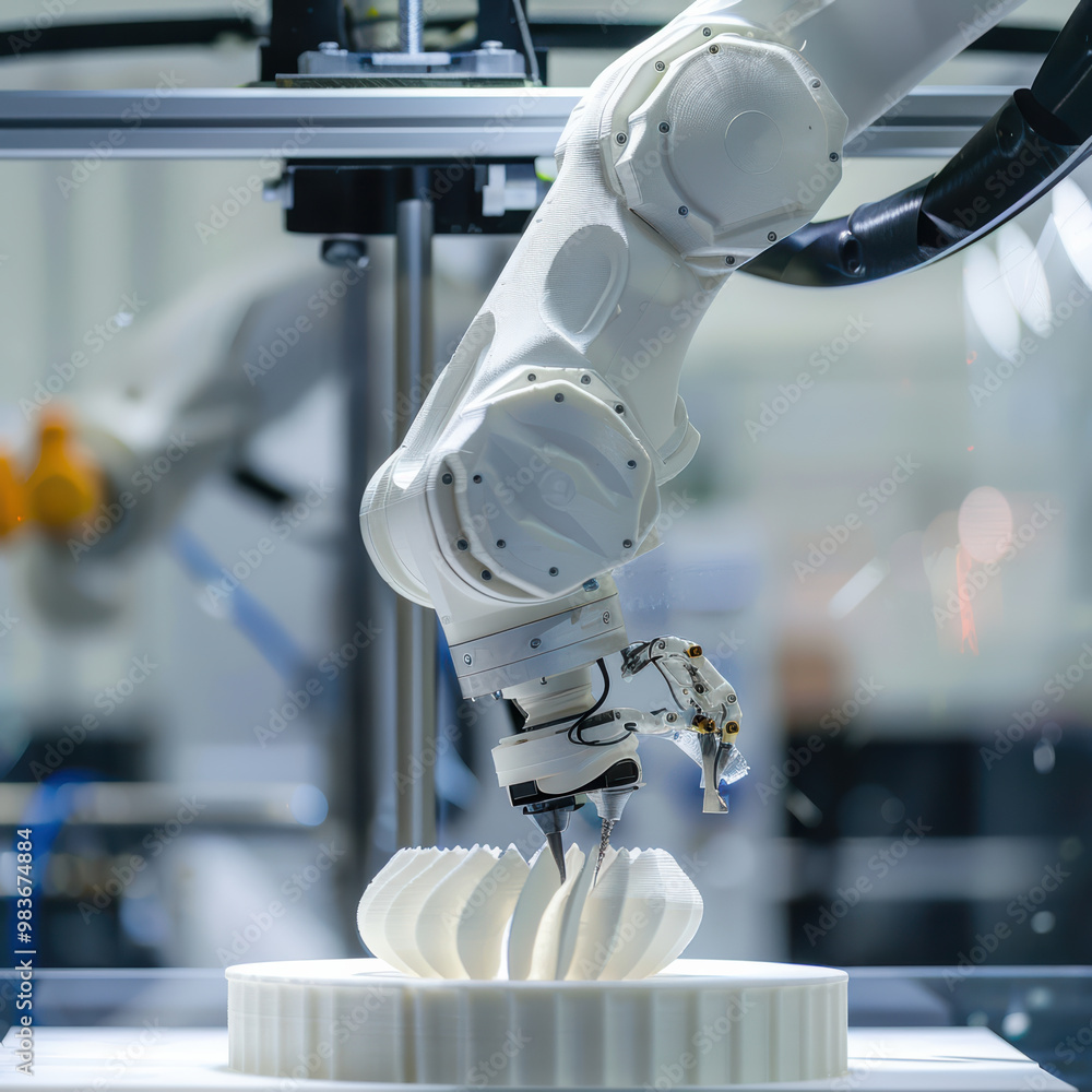 Poster a robotic arm is precisely 3d printing detailed object in modern manufacturing environment, showcasi