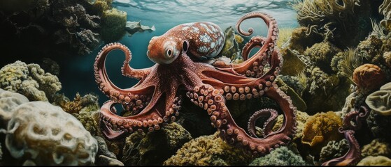 Obraz premium Celebrate Octopus Day by diving into the mysterious underwater world, where the intelligent and enigmatic octopus reigns as a master of camouflage and survival