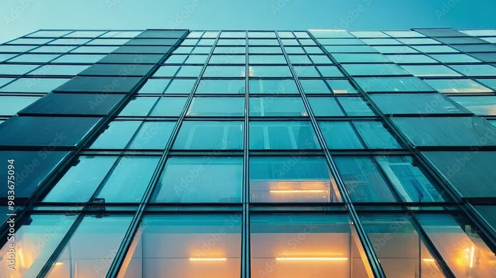 Aufkleber a sleek glass building stands tall against the evening sky, showcasing illuminated office spaces and