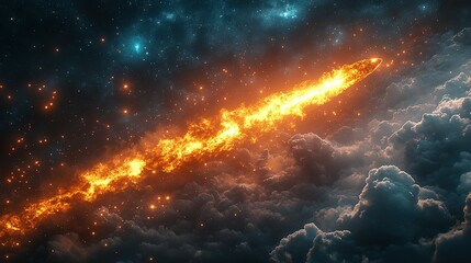 Fototapeta premium A Fiery Meteor Streaking Through Clouds and Stars