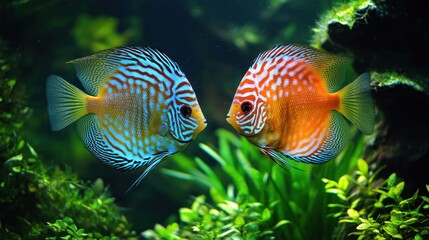 Two Colorful Discus Fish Facing Each Other in a Lush Aquarium