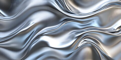 3D render of an abstract, wavy, liquid silver background with a shiny metallic surface