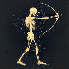 A skeleton drawing, poised with a bow and arrow, against a dark background, evokes themes of archery and the cosmos.