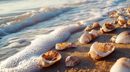 Seashells on the sandy beach with foamy water waves at sunset.