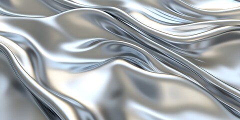 3D render of an abstract, wavy, liquid silver background with a shiny metallic surface