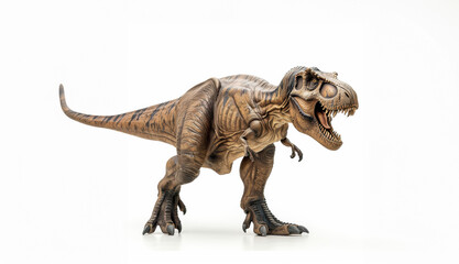 Fototapeta premium Tyrannosaurus Rex toy is showcased against a white background, highlighting its realistic texture and fierce expression. This model is perfect for dinosaur enthusiasts and collectors alike.