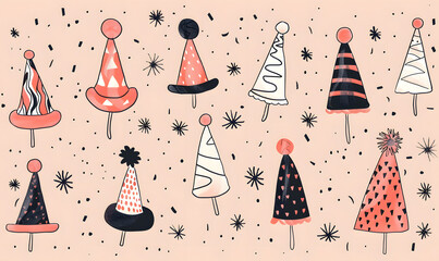 New Year's and Christmas festival cards in a 2D doodle illustrator style on pastel color backgrounds for graphic advertising.