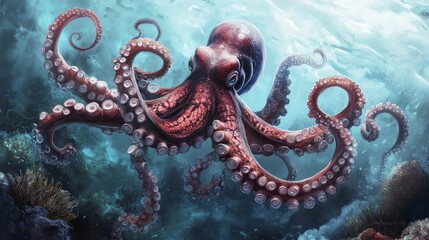 Obraz premium Celebrate Octopus Day by diving into the mysterious underwater world, where the intelligent and enigmatic octopus reigns as a master of camouflage and survival