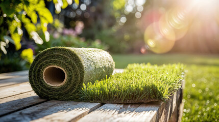 Fototapeta premium Close-up of a roll of synthetic turf being installed on a backyard with decorative plants in the background