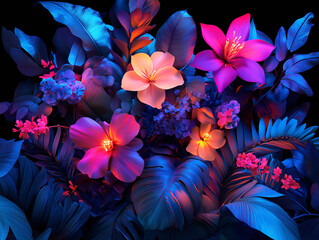 bouquet flowers are surreal,neon emitting a bright light hovers in  jungle theme