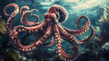 Obraz premium Embrace the wonders of the deep on Octopus Day, celebrating the intelligence, adaptability, and mystery of these fascinating sea creatures 