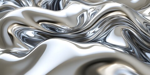 3D render of an abstract, wavy, liquid silver background with a shiny metallic surface