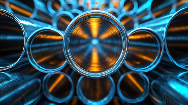A close-up shot of a stack of metallic pipes, creating a mesmerizing pattern of light and shadow.