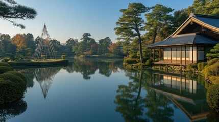 Tranquil Japanese Garden with a Traditional House and a Reflecting Pond