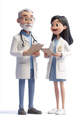 Obraz premium 3D Asian cartoon doctor holding clipboard and discussing patient care with doctor