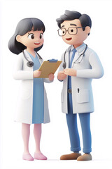 Fototapeta premium 3D Asian cartoon doctor holding clipboard and discussing patient care with doctor