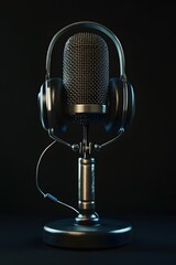Vintage microphone with headphone of a background 