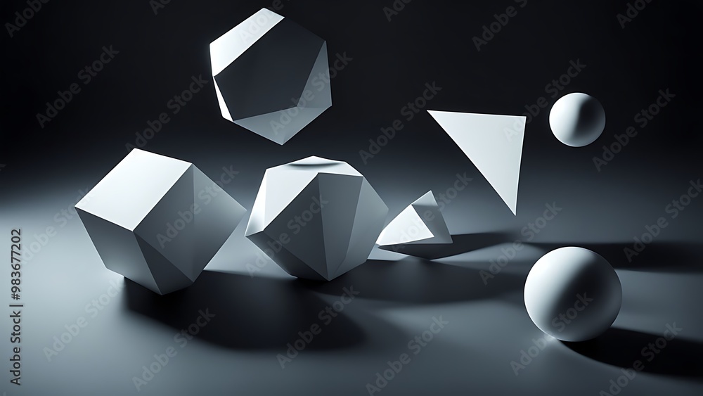 Aufkleber abstract geometric objects floating in space, lit by a high-contrast light source, with sharp edges 