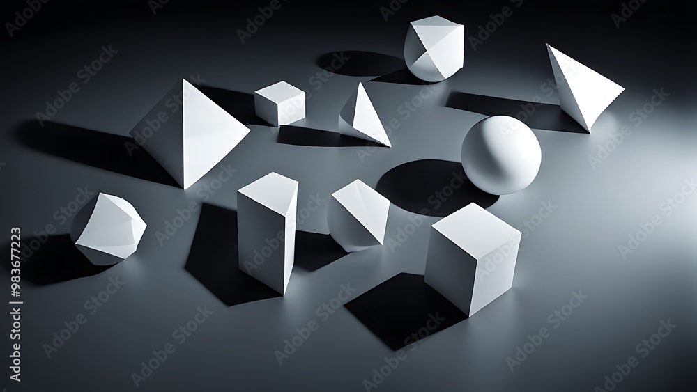 Aufkleber abstract geometric objects floating in space, lit by a high-contrast light source, with sharp edges 