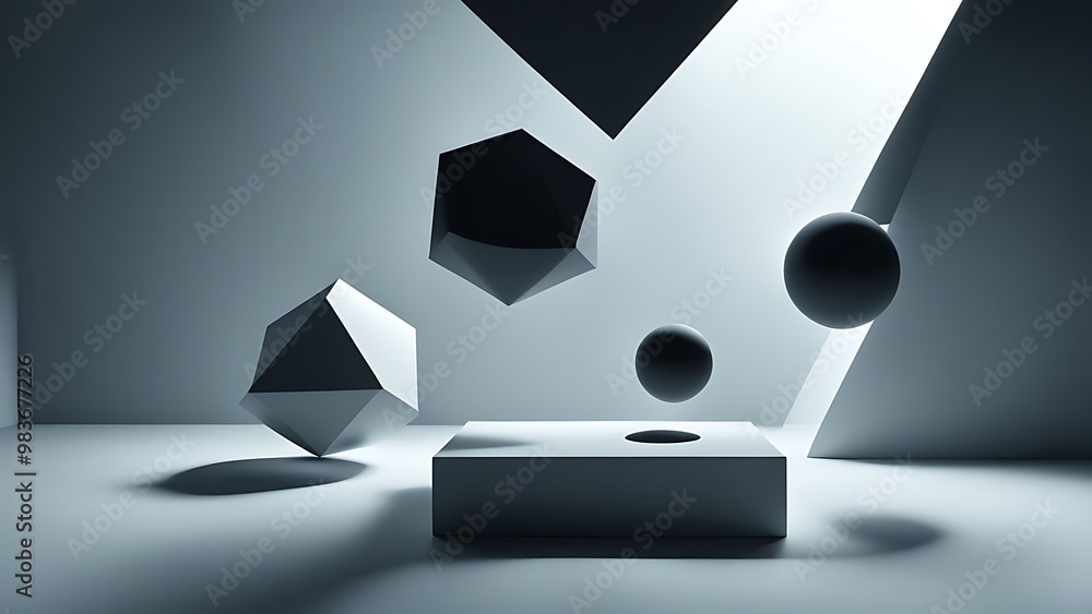 Fototapete abstract geometric objects floating in space, lit by a high-contrast light source, with sharp edges 