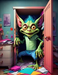 A gremlin hiding in the closet of a bedroom