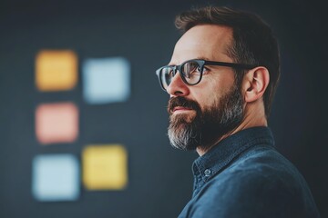 Obraz premium A man with glasses and a beard looks thoughtfully at colorful sticky notes on a black background, representing focus and contemplation.