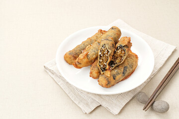 Gimmari or Kimmari, made from seaweed rolls filled with vermicelli or japchae. Korean food
