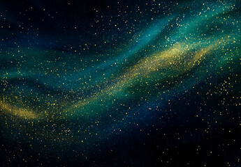Gold, blue particles fluid. Golden green particle star dust with defocused background. Liquid iridescent shiny backdrop with depth of field. Night sky with stars for holiday new year party 