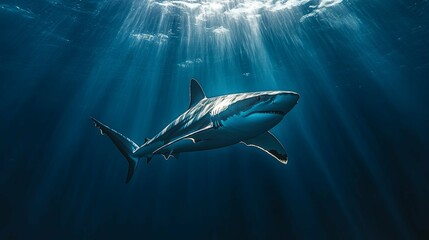 Naklejka premium A Single Shark Swimming Through Sunbeams in the Ocean