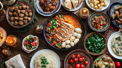 Traditional Uzbek oriental cuisine. An Abundant Feast of Diverse Middle Eastern Dishes on a Wooden Table