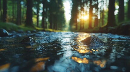 Obraz premium A river flowing through a forest with signs of active preservation efforts along the banks.