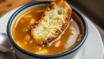 bowl of rich French onion soup with a cheesy crouton