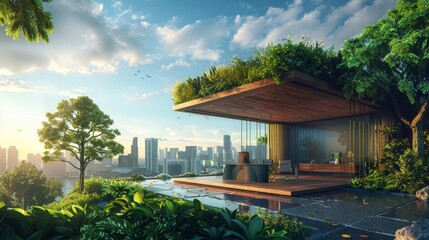 Obraz premium A modern, eco-friendly house with greenery sits among the city skyline, surrounded by trees under a bright sky at dawn.