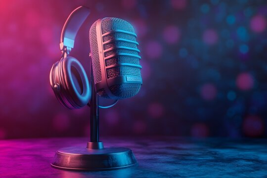 Vintage microphone with headphone of a background 