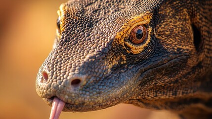 A striking close-up image of a Komodo Dragon, highlighting the intricate details of its rough, scaly skin and sharp, glistening eyes