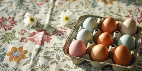 Decorative Eggs in a Container on a Designed Table Cover