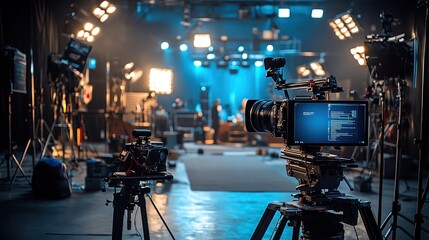 Highlight the careful placement of props and equipment in behind the scenes  setup  staging for a flawless scene
